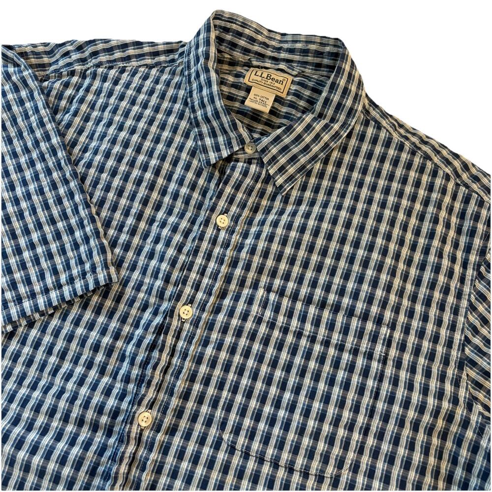 L.L. Bean Men’s Blue Plaid Seersucker Short Sleeve Button Down Shirt Size XLT